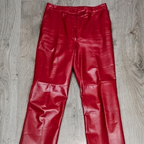 80s Vintage Chili RED High Waist Authentic Waxy Leather Straight Legged Pants - Picture 4 of 16